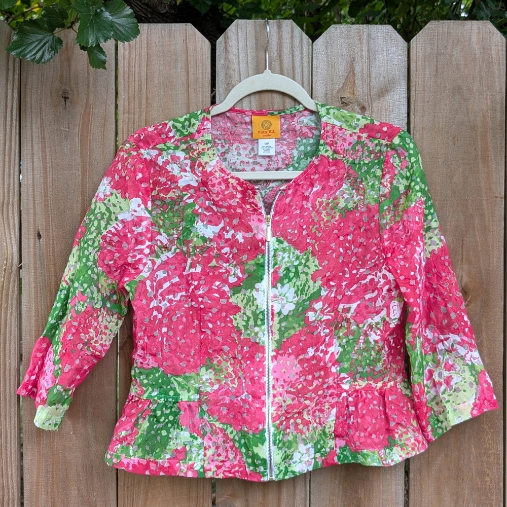 Ruby Rd Petite Pink Green Abstract Floral Patterned Semi Sheer Zip Up Jacket